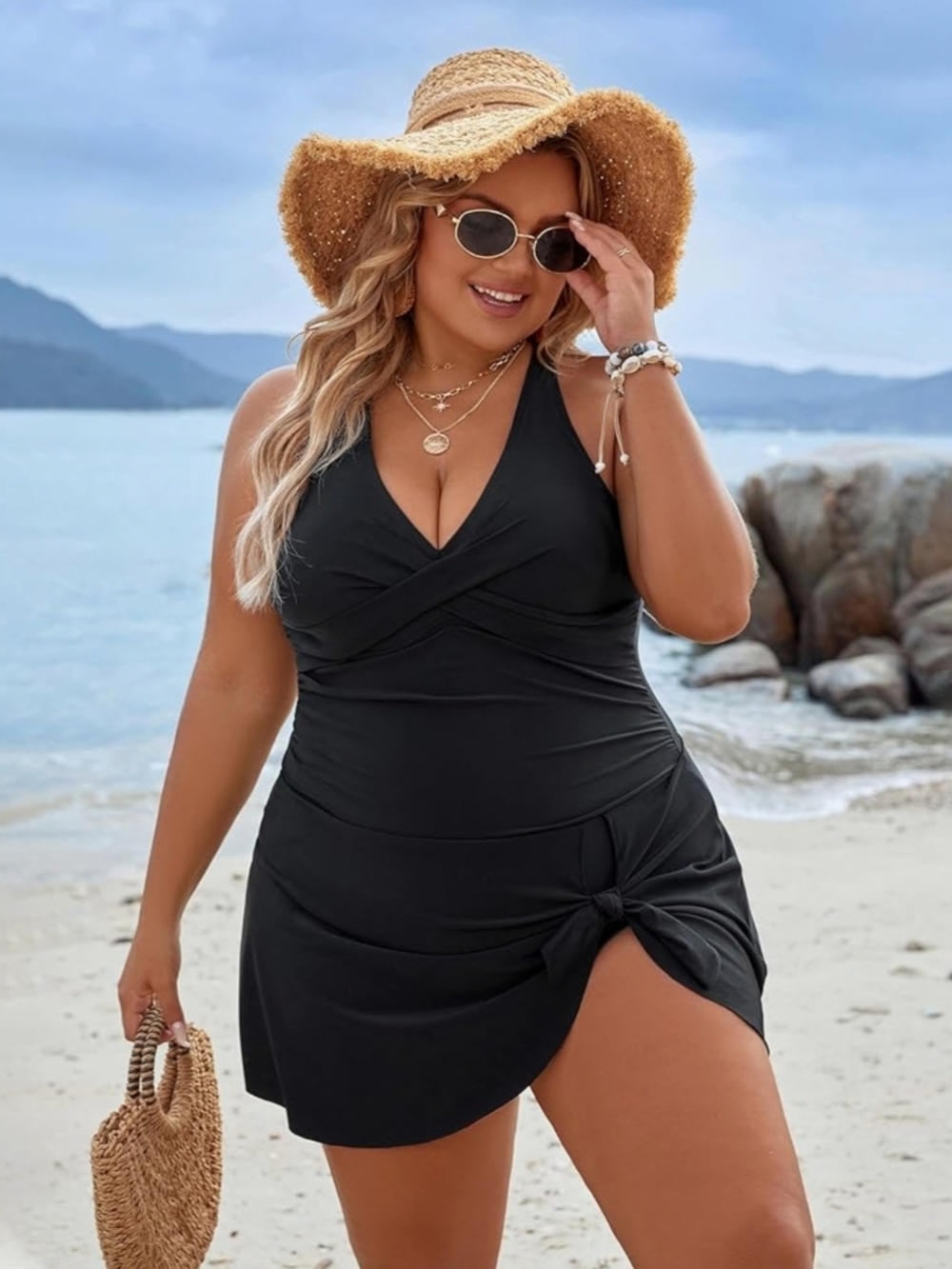 BLOOMING JELLY - 3X Black 1 Piece V-Neck Swim Dress with Side Knot